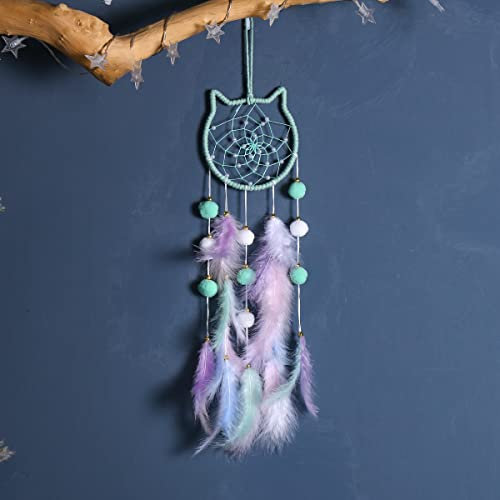 PTNKUIIY Traumfänger, Handgefertigte Dreamcatcher mit Feder Mädchen Kinder als Geschenke Zimmer Schlafzimmer Dekoration Wandbehang Wohnkultur Ornamente Apartment Schlafsaal Raumdekoration,Katze, Grün