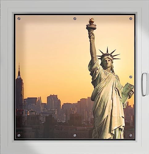Wallario Lichtschutzbild, Dekorativer Sichtschutz Sonnenschutz 96 x 100 cm mit Motiv: Freiheitsstatue New York - Verdunklungsrollo ohne Bohren