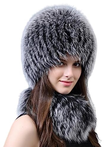 Usknxiu Frauen Pelz Hut Mit Schal, Echte Fuchs Pelz Strickmütze, Winter Warm Weiche Beanie Russian Ushanka Mütze Lässige Pelzmütze Für Radfahren, Ski Outdoor Mode Bomber Kappe,E