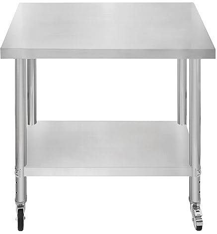 Tavolo da cucina in acciaio inox per la preparazione dei cibi con 4 ruote piroettanti con 2 freni e 4 piedini adattabili Ripiano inferiore regolabile 3 posizioni Portata 160 kg 60cm x 90cm x 86cm