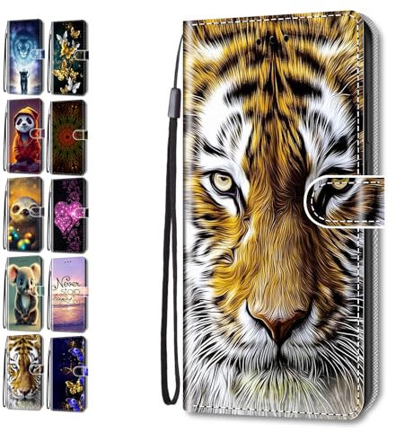 Hülle für Samsung Galaxy S10 Muster Pattern Tier Blume 3D Print Design Leder Tasche Flip Case Mädchen Jungs Cover Handyhülle - Tiger