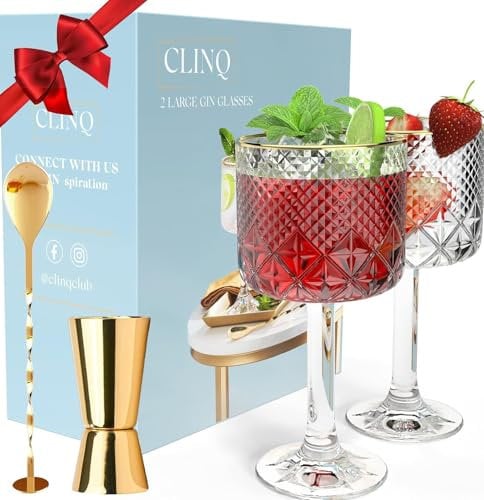 Gin Glasses Set of 2 - Luxury Gin Gifts for Women or Men - Inc 2 x Gold Rim G&T/Cocktail Glasses, Spoon & Double-Sided Measure I Gin Gift Sets for Women I Gin Lovers Copa