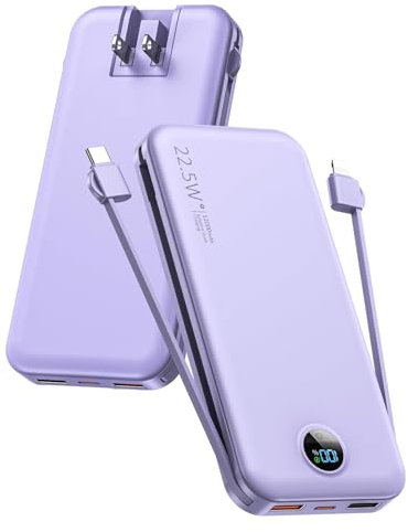 citicr Portable Charger with AC Wall Plug, 12000mAh Slim Power Bank SCP22.5W QC4.0 PD3.0 Fast Charging Built in Cable and USB C, Smart LED Display External Battery Pack for Cell Phones (Purple)
