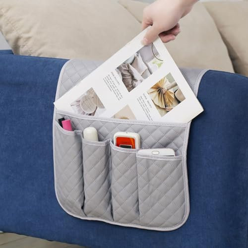 Jaugufiy PU-Leder Sofa Armlehne Organizer Couch Arm Aufbewahrungstasche Sofa Arm Couch Caddy Anti-Verschütten Armlehne Fernbedienung und Handy Organizer Halter (Grau)