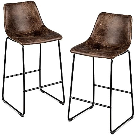 GIANTEX Lot de 2 tabourets de bar ergonomiques aspect daim avec cadre en métal et repose-pieds - Chaise de cuisine rétro avec rembourrage en éponge - Pour bar, cuisine et comptoir - Marron