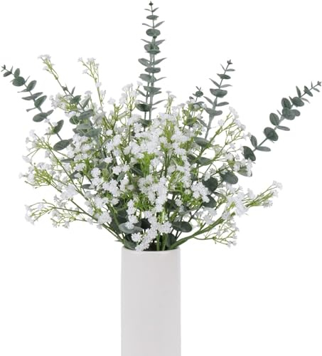 DEEMEI 18 Artificial Babys Breath Eucalyptus Stem Leaves Flowers for Decor | Fake Silk Eucalyptus White Gypsophila Artificial Flowers Arrangement Home Table Wedding Party Wedding Decor