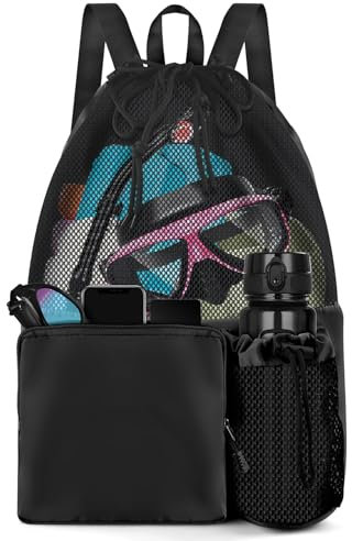 BROTOU Drawstring Mesh Swimming Bag, 30 Litre Water Sports Backpack with Wet/Dry Pocket, Multifunctional Sports Bag for Kids, Adults, Swimming, Surfing, Beach, Travel (C, Black)