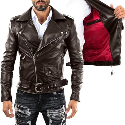 Chiodo Biker In Vera Pelle Nero Uomo Slim Interno Rosso Rindway, M, Fodera (Primavera-Estate), Marrone Scuro