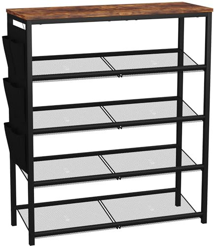 HOME BI 5-Tier Shoe Rack, Shoe Storage Organizer with Adjustable Mesh Shelves and Side Hanging Pockets, Shoe Stand Shelf for Entryway Hallway, Rustic Brown