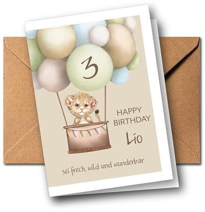 Personalisierte Kinder Glückwunschkarte zum 1. 2. 3. 4. 5. 6. 7. usw. Geburtstag, Grußkarte, Geburtstagskarte personalisiert, verschiedene Tiermotive (Löwe)