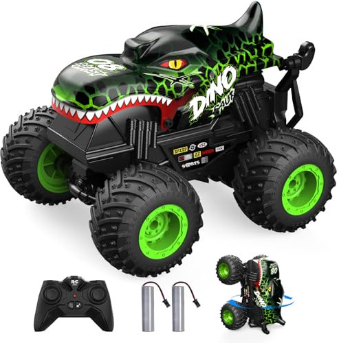 ACAMMZAR Ferngesteuertes Auto Dinosaurier, 2.4GHz 20+km/h Ferngesteuertes RC Monster Truck mit 2 Akkus 60 Mins+, RC Stunt Spielzeug Auto, für 6 7 8 9 10 Jahre Alte Kinder Erwachsene, Grün