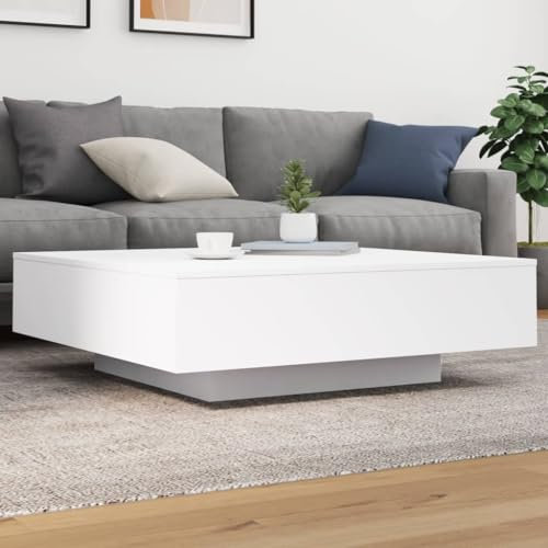 LAPOOH Table Basse avec lumières LED Blanc 100x100x31 cm,Table Basse Salon,Petite Table Basse,Table Basse Rétro