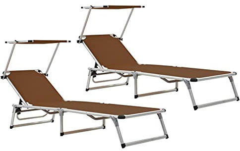 Sufrk Klappbare Sonnenliegen mit Dach 2 STK. Alu Textilene Braun Balkon Lounge Klein Garten Doppelliege