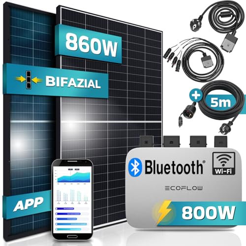 SUNNIVA® 920W Balkonkraftwerk BIFAZIAL FULLBLACK komplett Steckdose Ecoflow 800W Wechselrichter, PV Solaranlage, 2x 460W Glas-Glas Solarmodule, inkl. 5m Kabel, Bluetooth WIFI, Komplettset