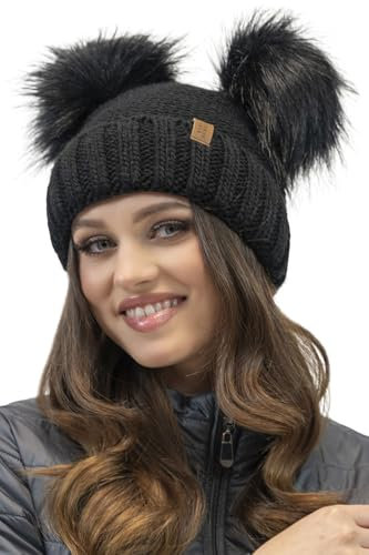 VIVISENCE Winter Mütze Mit Zwei Bommel Für Damen Aus Wärmendem Garn Mit Antistatischer Wirkung Bommelmütze Aus Weichem Innenfutter Perfekte Passform Für Kalte Wintertage Modell, Schwarz,Einheitsgröße