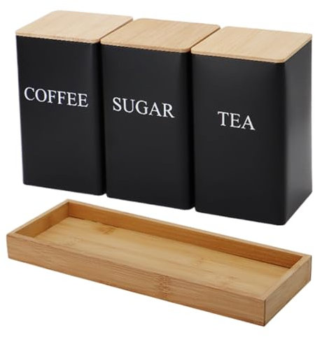 Veesper 3Pcs Tea, Coffee, Sugar Canisters With Tray - Iron Set With Bamboo Lid, Multi-Purpose Storage for Kitchen Countertop Decor, Black