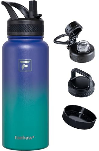 Fanhaw 1000 ml Stainless Steel Insulated Water Bottle with 3 Lids (Straw, Spout and Carabiner Lid) - Wide Mouth Travel Thermal Mug (Purple Green)