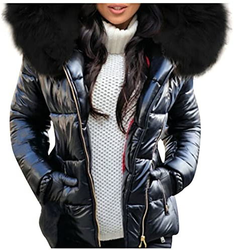 Generisch Daunenjacke Damen Winter Kurz Glänzend Steppjacke Damen Leicht mit Kapuze Winterjacke Damen Warm Fellkapuze Puffer Jacke Damen Glänzend Reflektierend mit Reissverschluss Kurze Daunenmantel