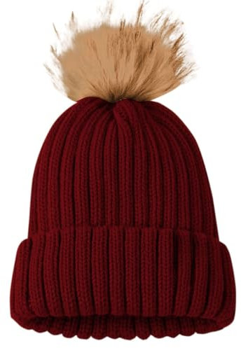 OBiQuzz Damen Winter-Strickmütze mit Kunstbommel, warme Strickmütze für Damen Winterhaube Kinder (Red, One Size)