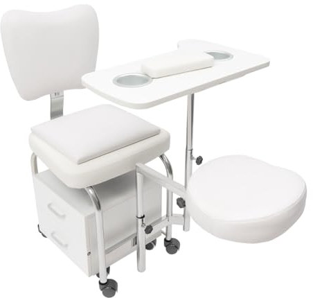 panfudongk Maniküre Pediküre Stuhl mit Verstellbarer Höhe Nageltisch Friseurstuhl Massage Hocker mit 8 Rädern 2 Schubladen Aufbewahrung Schrank für Nagelstudio (Weiß)