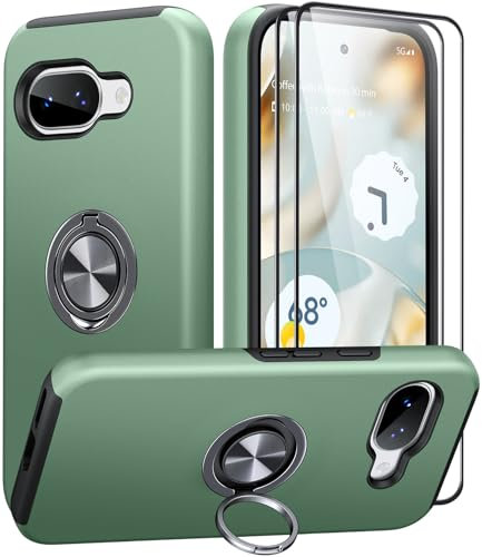 AOUIA für Google Pixel 9A Hülle mit 2 Stück Schutzfolie, Militärischer Schutz Stoßfest Pixel 9A Hülle mit 360° Drehbarem Ring Kickstand Handyhülle für Google Pixel 9a, Alpengrün