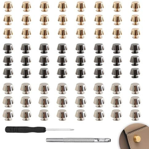 WWYSSZ 72 Piezas Patas para Bolsos, 11 mm Pies de Bolso Remaches de Cuero Espárragos de Cabeza Plana Remaches, con Punzón Hueco y Destornillador, para Bolsos, Cinturones y DIY (Oro, Plata, Negro)
