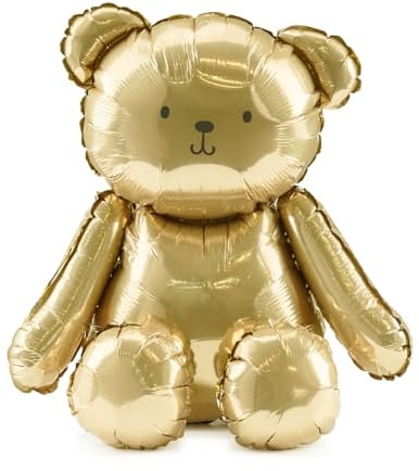 Folienballon Teddybär 38x42cm stehend mit Luftfüllung - Tierballon im Stofftier Look - Dekoballon Bär - Luftballon für Kindergeburtstag Babyparty - Folienluftballon Geburtstagsdeko Partydeko Gold
