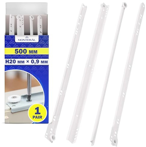 1 Par Guias Correderas para Cajones 500 mm H 20 x 0,9 mm Blancas | Rieles para Cajones Tienen una Extensión Parcial de 413 mm - Garantía de 10 Años - MONTERAL