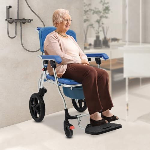 Klappbarer Dusch Toiletten Rollstuhl Toilettenstuhl mit Armlehnen Duschrollstuhl mit Rädern und Bremse 125kg Traglast Für Senioren Behinderte 59x50x91cm Blau