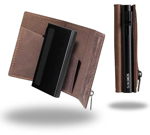 SLIMJACK 2-in-1 Wallet mit Münzfach - Magnetisches RFID Kartenetui & Geldbörse - Abnehmbares Slim-Wallet aus Aluminium - RFID-Schutz Portmonee - Smart Wallet für Karten & Münzen (Dunkelbraun)
