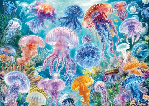 Jellyfish Jigsaw Puzzle 1000 Teile Erwachsene | Tipps zu den Buchstaben des Rückens/Abschnitte A-D, großes Poster, Größe 70×50cm, staubfrei, Familienaktivität für drinnen