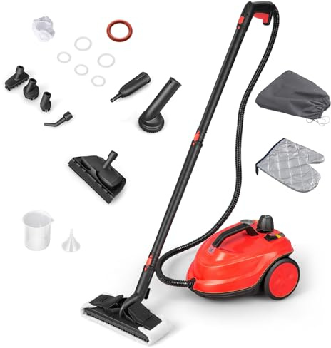COSTWAY Steam Cleaner, 2000W 1.8L Multipurpose Steam Mop with 13/15 Accessories, Portable Household Steamer Cleaning for Floors, Windows, Carpet, Autos and More (Red)