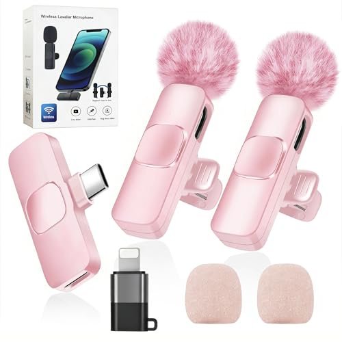 VIVIZEN Dual Mics Wireless Mini Lapel Microphone - 2-in-1 Noise Canceling Clip-on Mic for iPhone iPad (15 and Above) Android, Suitable for Vlogging Podcast YouTube TikTok Video (Pink)