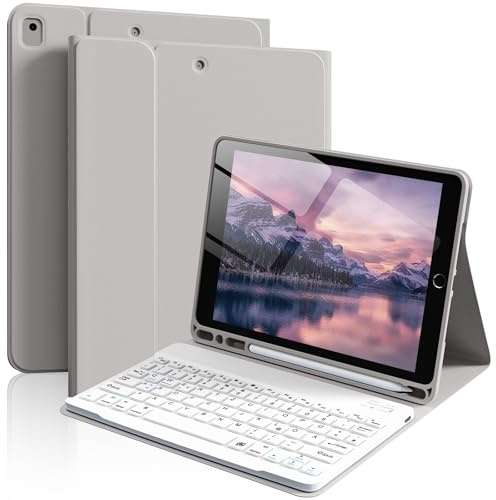 IAMKHO Hülle Tastatur für iPad 10.2 Zoll 9./8./ 7. Gen QWERTZ, Grau | für iPad 10.2 Zoll 2021/2020/2019, iPad Air 3rd / Pro 10.5 Zoll, Magnetische Bluetooth QWERTZ, Soft TPU Rückseite Gehäuse