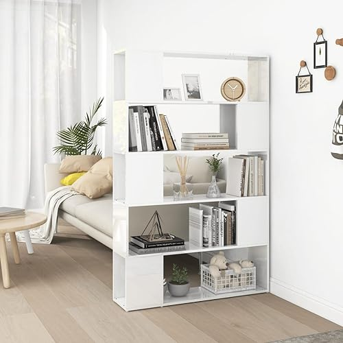 Runheo Bücherregal Raumteiler Hochglanz-Weiß, Holzwerkstoff, 100x24x155 cm, mit 5 Fächern, für Zeitschriften, Bücher, DVDs, ideal als Stauraum und dekoratives Element