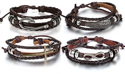 Aroncent Infinity Bracelet Leather Wristband Cross Wing Fish Hook Brown 4 PCS 8.5-10.5 Inches