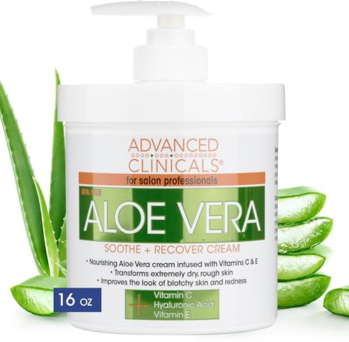 Advanced Clinicals Aloe Vera Creme, 473 ml, Aloe Vera mit Vitamin C, Hyaluronsäure und Vitamin E Creme für trockene, raue Haut und Rötungen Große Spa Größe 473 ml Creme mit Pumpe (0,5 kg) (1 Stück)