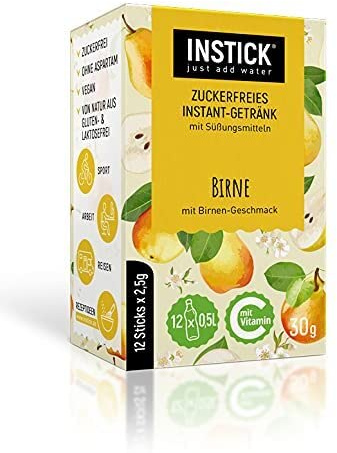 INSTICK Zuckerfreies Instant-Getränk (Birne) - 1 Packung für 12 x 0,5-1 L - Veganes Getränkepulver Kalorienarm & Vitamin C - Instant-Pulver
