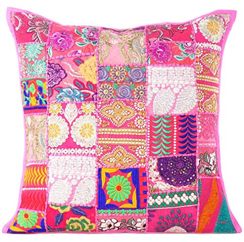 Eyes of India - 24 Big Pink Patchwork Colorful Decorative Throw Sofa Couch Pillow Cushion Cover Case Indian Boho Chic Seating Bohemian Accent Handmade Cover ONLY