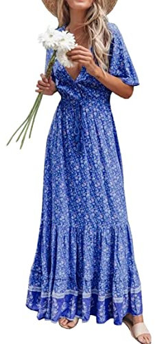 R.Vivimos Women's Summer Boho V Neck Button Up Short Sleeve Bohemian Print Ruffle Hem Beach Style Long Maxi Dress Vacation Dress(XLarge,Blue)