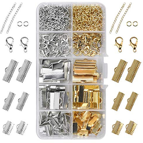 370 Stück Schmuck Basteln Zubehör Verschluss Kette Verlängerungskette Karabinerverschluss Klemmbleche Crimps Clamp Ends Kettenverlängerungen Sprung Ringe für DIY Schmuckherstellung, Gold & Silber