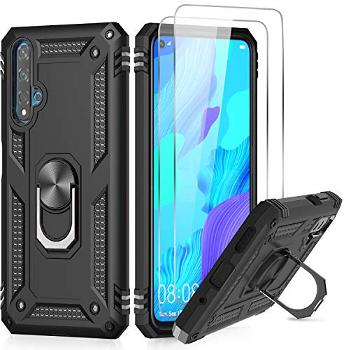 LeYi für Huawei Honor 20/Nova 5T Hülle mit Panzerglas Schutzfolie(2 Stück),360 Grad Ring Halter Handy Hüllen Cover Bumper Schutzhülle für Case Huawei Honor 20/Nova 5T Handyhülle Schwarz