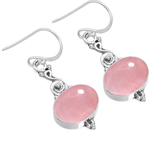 Jeweloporium Rosa Rosenquarz Tropfen Silber Ohrring, 925 Sterling Silber Ohrring für Frauen, Ovaler Stein Handgefertigter Schmuck