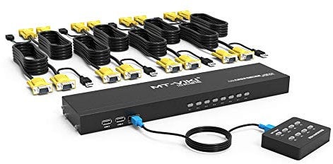 MT-VIKI VGA KVM Switch 8 Port 1U Rackmount KVM Switch 8 in 1 out Sharing für Tastatur Maus USB-Lautsprecher inklusive 8*KVM-Kabeln Desktopsteurung 2*Rackmount