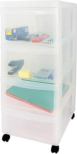 Iris Ohyama Kunststoff-Schubladenbox mit Rollen, 4 flachen Schubladen, Mattweiß, Griffe zum Ziehen, Für Schlafzimmer, Bad, Schule & Büro, BPA-frei, Schubladenschrank, Rollcontainer, A4 Drawer, DC-004