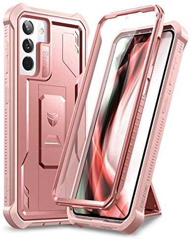 Dexnor Hülle Kompatibel mit Samsung Galaxy S21 5G 6,2 mit eingebautem Displayschutz Hochleistungs vorne und hinten 360 Ganzkörper Stoßfeste Stoßstangenschutz Abdeckung mit Ständer - Roségold