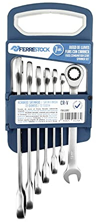 Ferrestock FSKLLG007 7-teiliges Maulschlüssel-Set mit Ratsche, aus hochwertigem Chrom-Vanadium, satiniert, 72 Zähne, inkl. Halterung