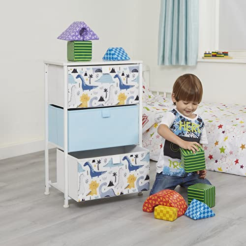 Liberty House Toys Kids Dinosaur Chest of Drawers - Furniture Storage Chest for Kid’s, Bedroom, Nursery, Playroom, Clothes, Toy Storage - Steel Frame, Wood Top, 3 Fabric Bins, Dinosaur Storage