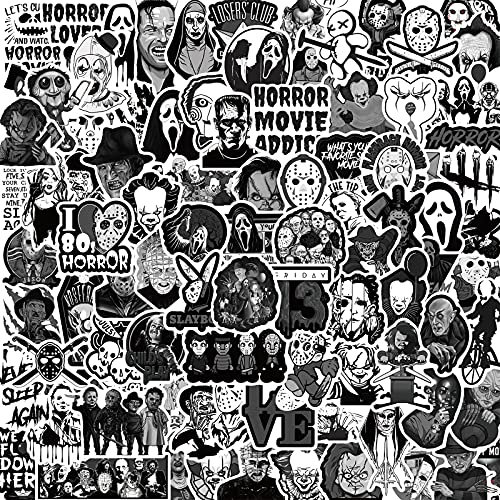 100 Stück Horror-Themen-Aufkleber, Horrorfilm-Charaktere, Aufkleber, Thriller-Film, schwarz-weiß, Graffiti-Vinyl, wasserdichte Aufkleber für Laptop, Koffer, Halloween, Wanddekoration