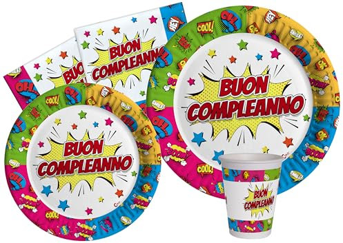 Ciao- Kit Vaisselle de Fête (Assiettes, gobelets, Serviettes), AZ131, Multicolor, 24 Personnes